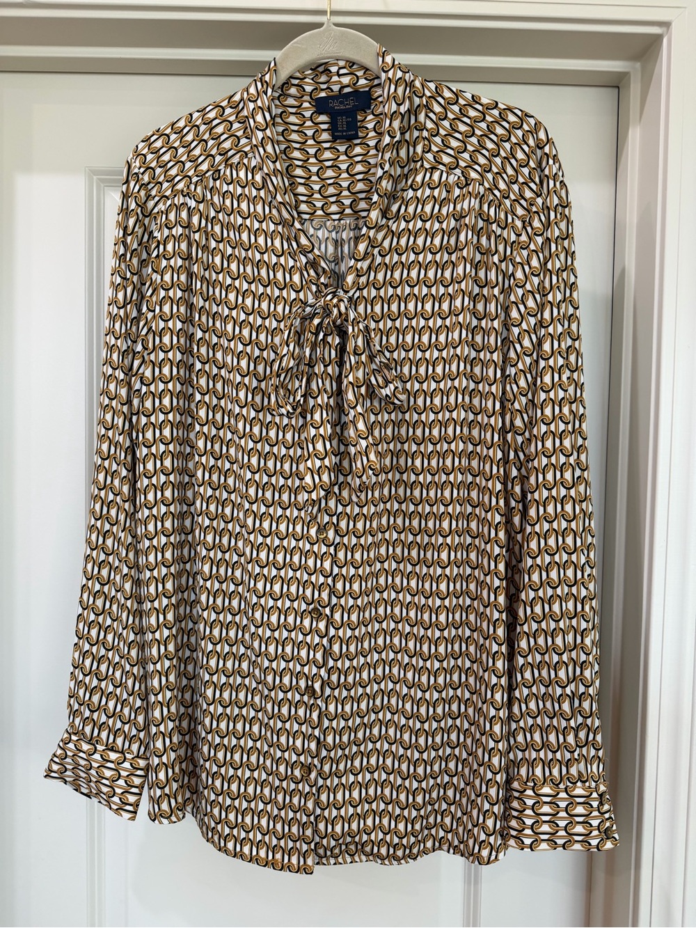 RACHEL Rachel Roy Cream and Brown Chain-Print Tie-Neck Blouse
